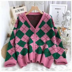 Pink and Green Argyle Women's Sweater